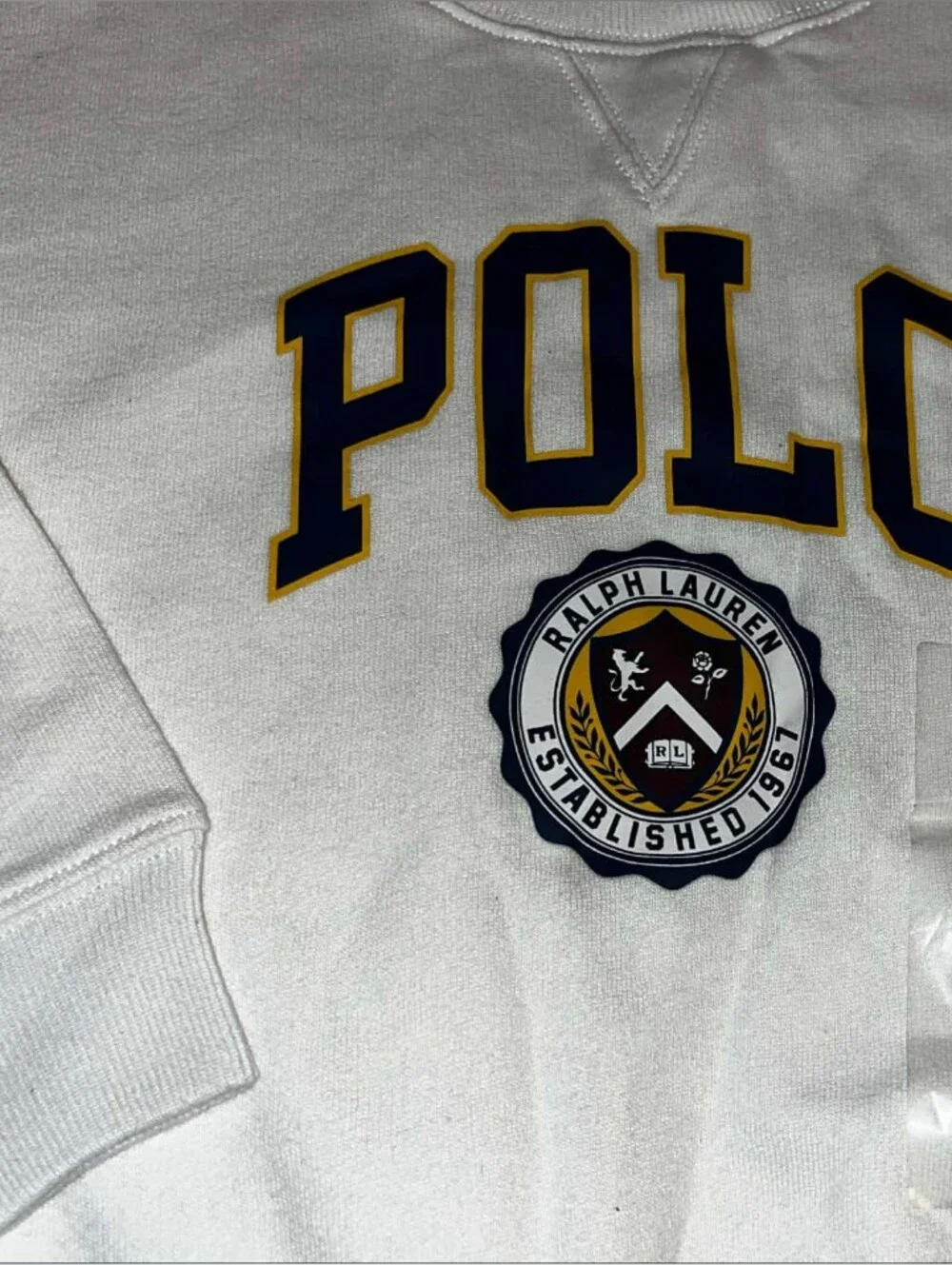 Ralph Lauren White Sweatshirt with Navy and Gold Crest